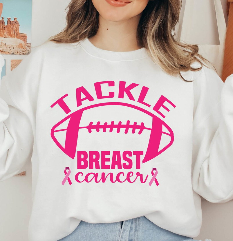 Tackle Breast Cancer Football Shirt, Pink Ribbon Tee Tops Sweatshirt