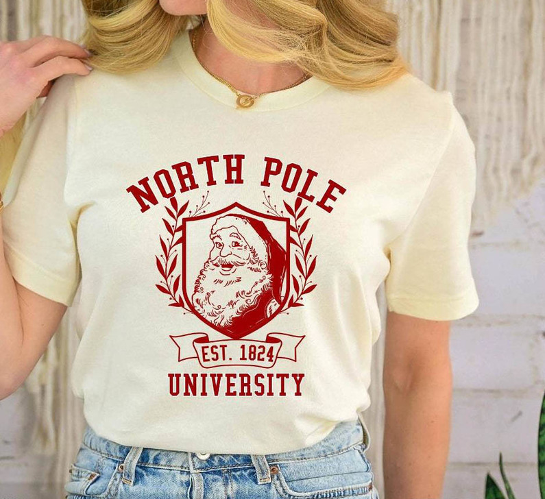 Funny North Pole University Shirt, Christmas Cute Short Sleeve Sweatshirt