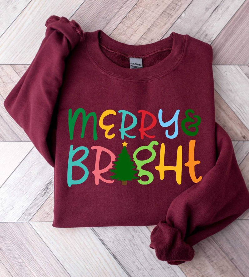 Merry And Bright Shirt, Colorful Christmas Day Long Sleeve Short Sleeve