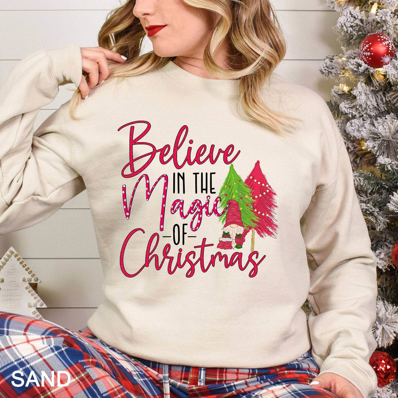 Believe In The Magic Of Christmas Tree Shirt, Christmas Family Unisex Hoodie Long Sleeve