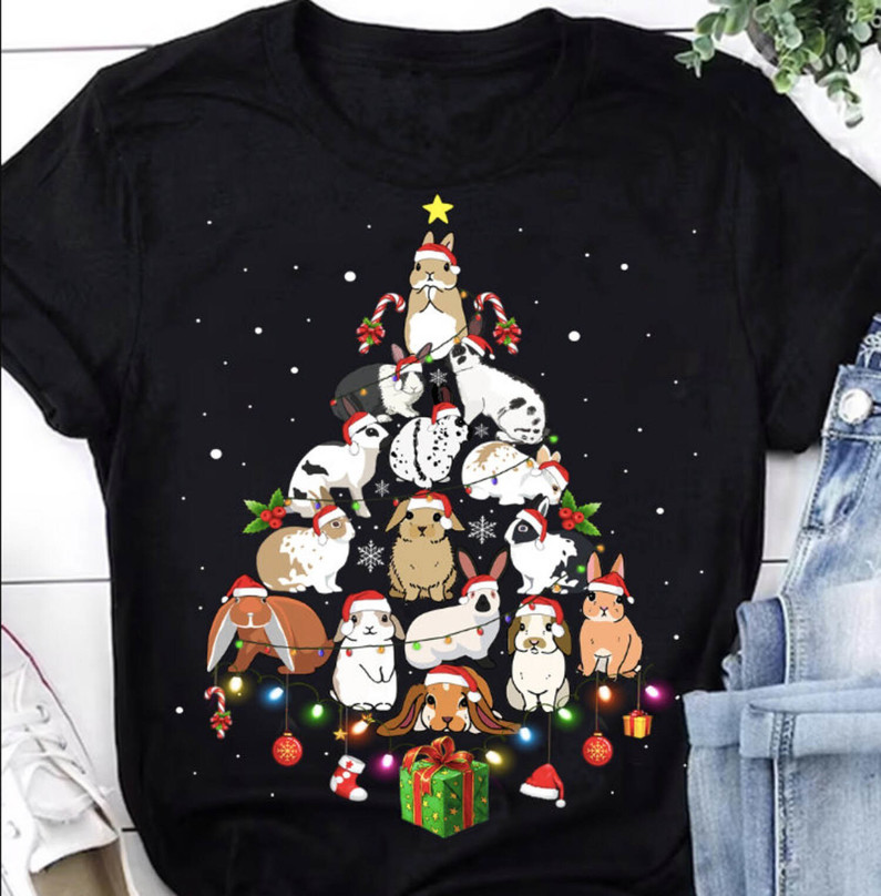 Rabbits Christmas Shirt, Bunny Christmas Tree Tee Tops Long Sleeve