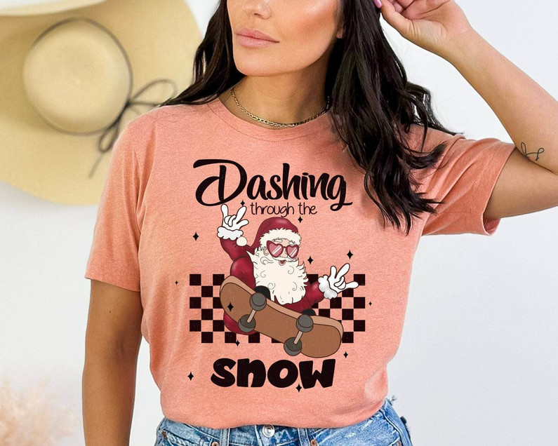 Dashing Through The Snow Funny Shirt, Retro Pink Santa Hat Short Sleeve Long Sleeve