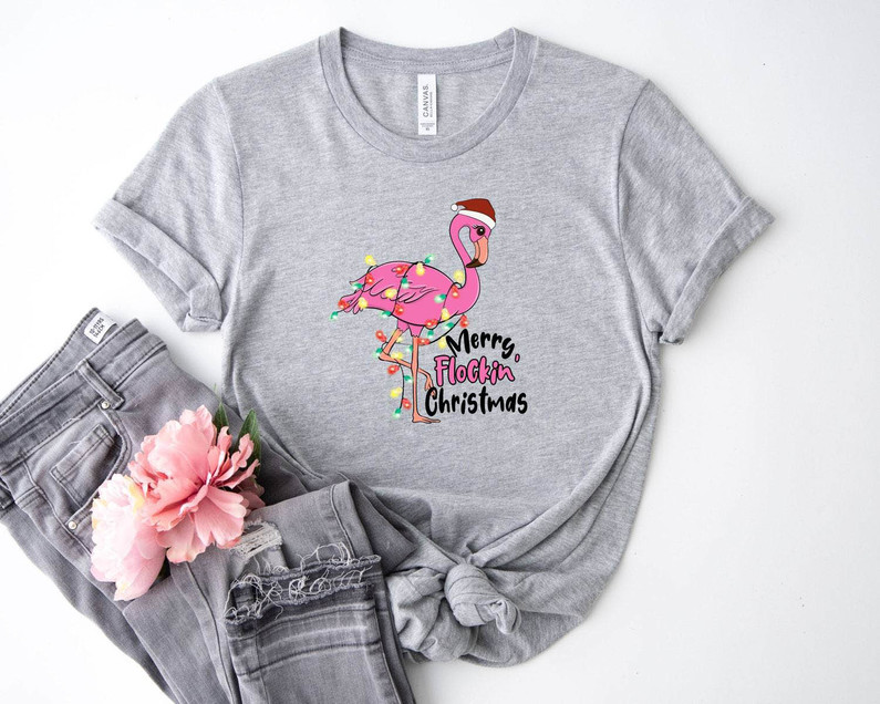 Merry Flocking Christmas Shirt, Pink Flamingo Christmas Tee Tops Sweater