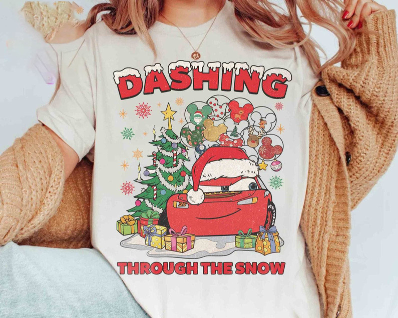 Retro Dashing Through The Snow Shirt, Lightning Mc Queen Christmas Crewneck Sweatshirt T-Shirt