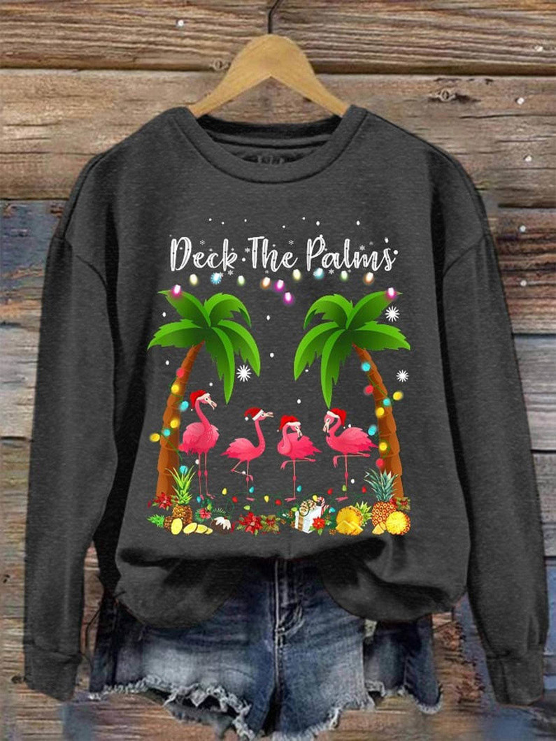 Deck The Palms Merry Flamingo Shirt, Christmas Palm Tree Crewneck Sweatshirt Long Sleeve