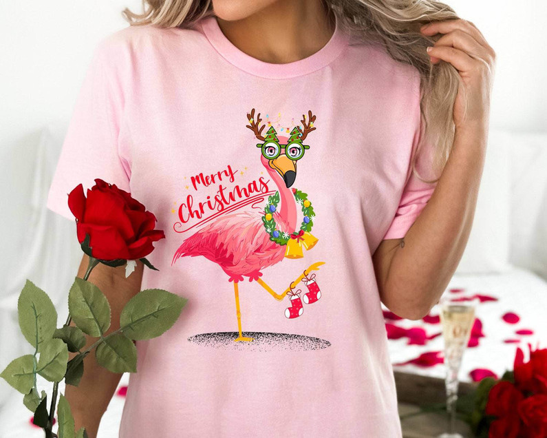 Christmas Flamingo Shirt , Pink Flamingo Santa Beach Unisex Hoodie Tee Tops