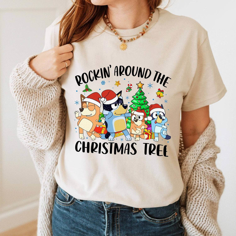 Bluey Family Merry Christmas Shirt, Rockin Around The Christmas Tree Crewneck Sweatshirt Tee Tops
