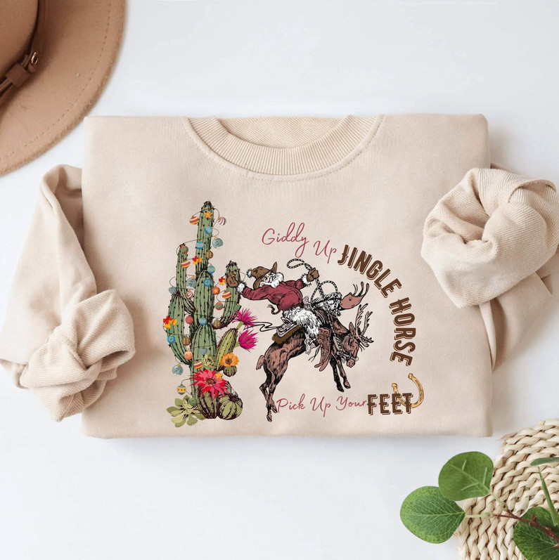 Cowboy Christmas Shirt, Giddy Up Jingle Horse Pick Up Your Feet Short Sleeve Tee Tops