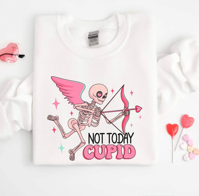 New Rare Not Today Cupid Shirt, Skeleton Valentine Unisex Hoodie Short Sleeve