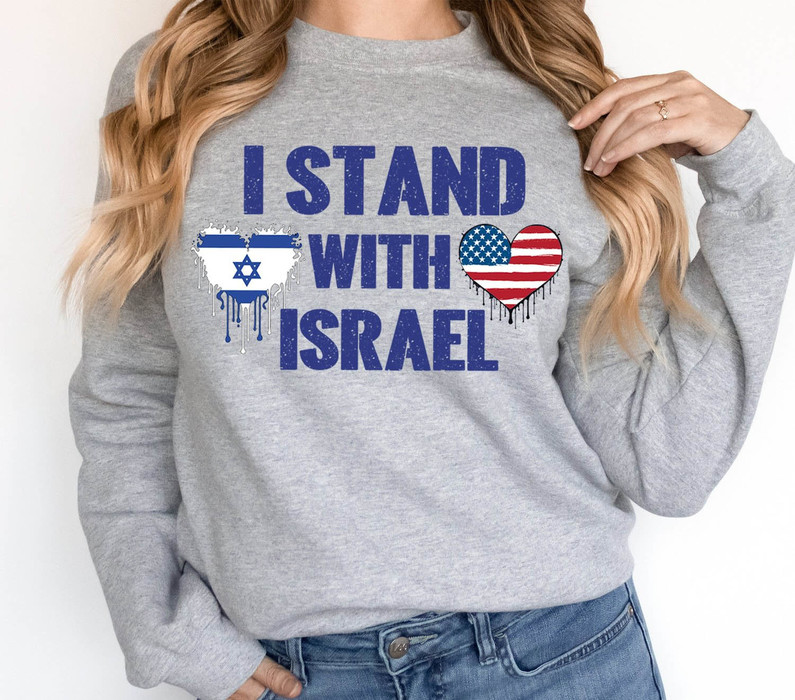 Vintage I Stand With Israel Shirt, Trendy Usa Israel Heart Flags T Shirt Short Sleeve