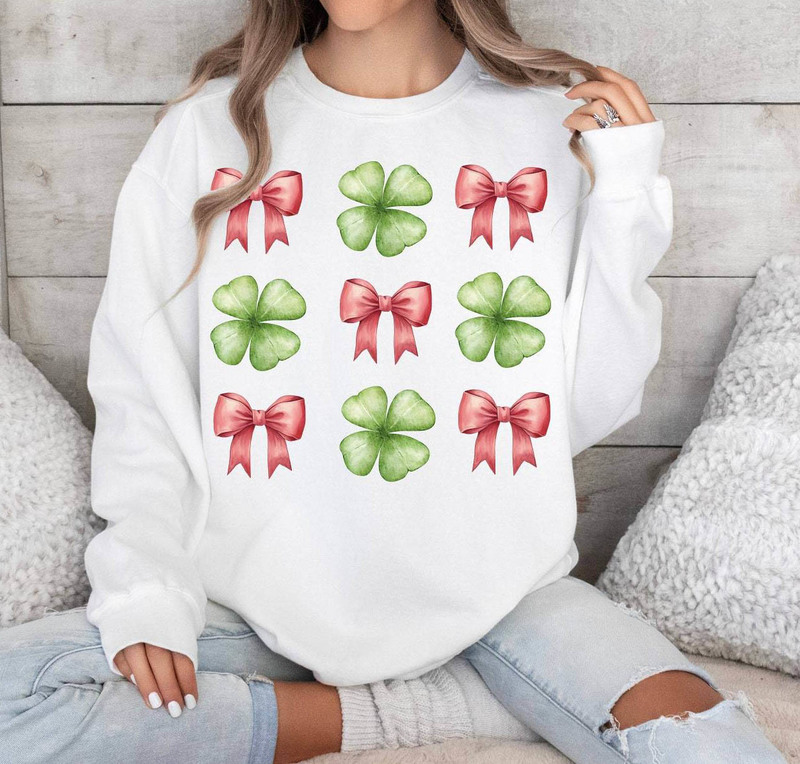 Coquette Bow Clover Cute Shirt, Watercolor Pink Bow Patricks Long Sleeve Sweater