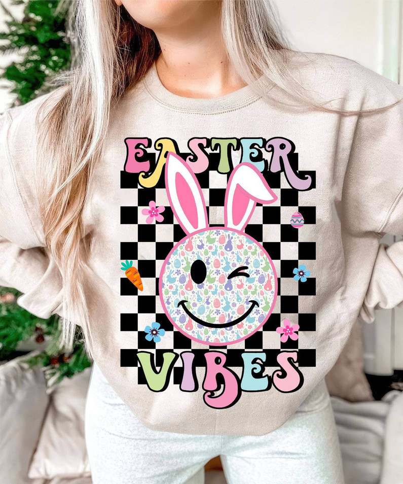 Easter Vibes Smiley Face Shirt, Easter Bunny Unisex Hoodie Tee Tops