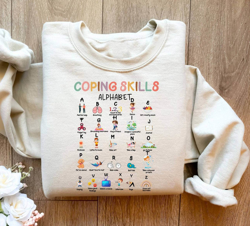 Coping Skills Alpabet Shirt, School Counselor Social Worker Crewneck Sweatshirt Tee Tops
