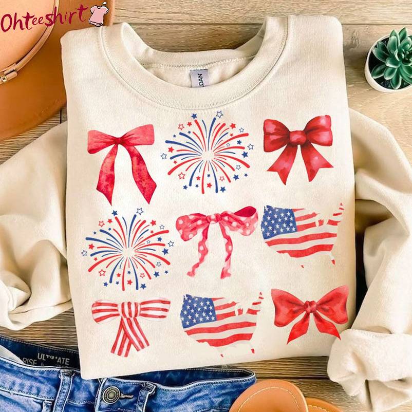 Coquette 4th Of July Shirt, Fireworks And Bows Unisex Hoodie Short Sleeve