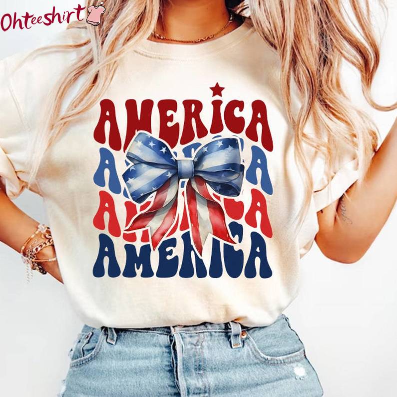 American Coquette 4th Of July Shirt, Letters Combining Bows Unisex T Shirt Hoodie