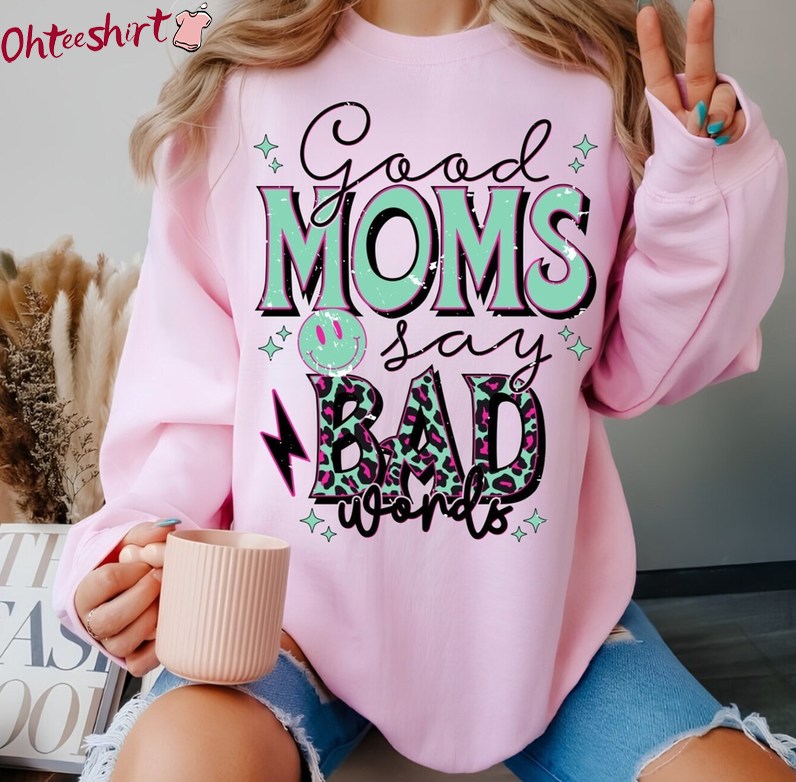 Cute Good Moms Say Bad Words Shirt, Leopard Pattern Short Sleeve Sweater