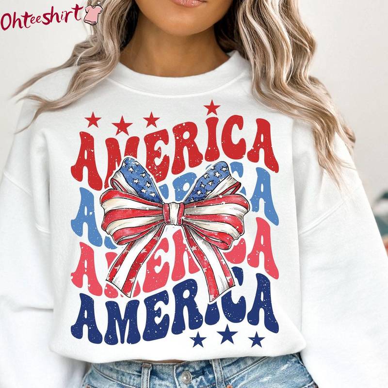 Coquette 4th Of July Shirt, Letters Combining Bows And Stars Long Sleeve Sweater