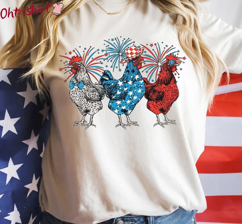 Trendy Independence Day Unisex Hoodie, Groovy Chicken 4th Of July Shirt Long Sleeve