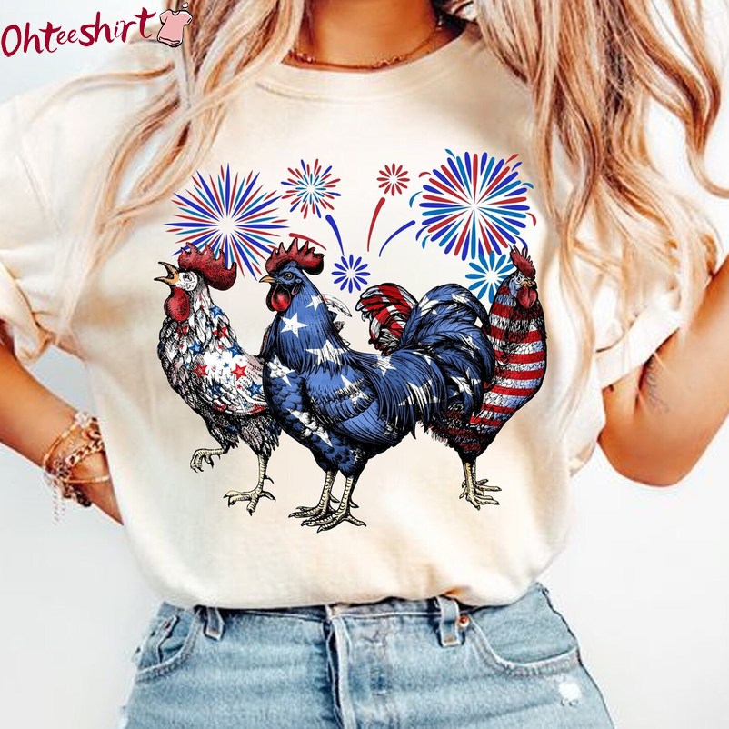 New Rare Chicken 4th Of July Shirt, Groovy Independence Day Crewneck Long Sleeve