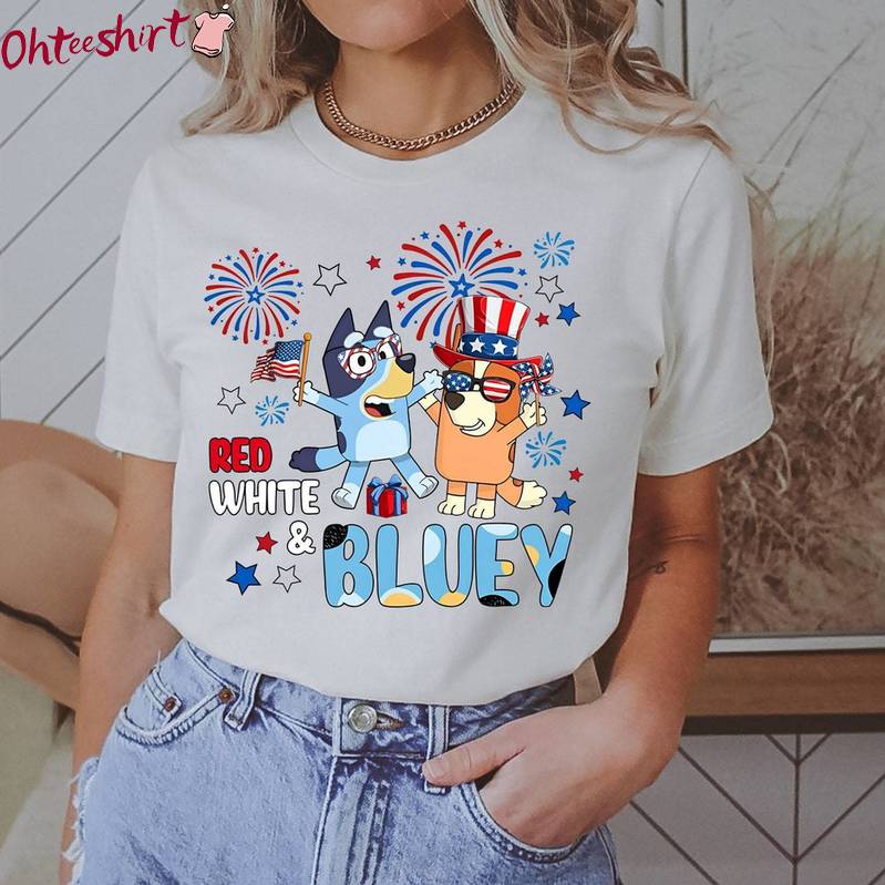 Cool Design Red White And Bluey Shirt, Vintage Independence Day Short Sleeve Tee Tops