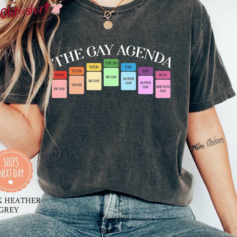 Trendy The Gay Agenda Shirt, Pride Inspirational Short Sleeve Crewneck