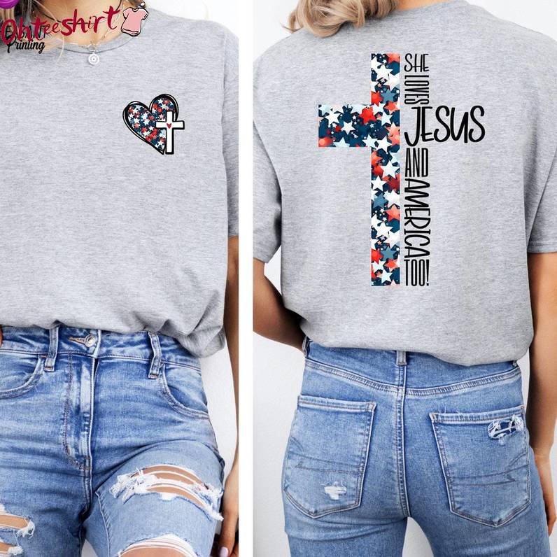 Christian Unisex T Shirt , Cool Design Loves Jesus And America Too Shirt Crewneck