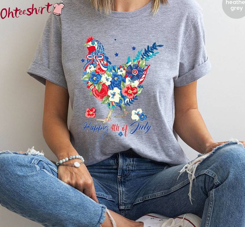 Creative Floral Chicken Crewneck, New Rare Chicken 4th Of July Shirt Sweater